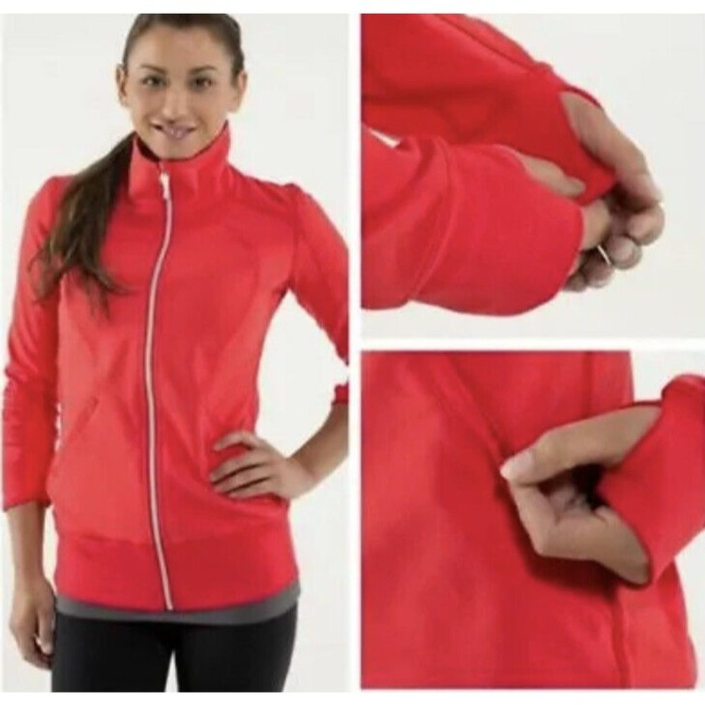 Lululemon Contempo Jacket 6 Love Red Orange Zip Up Low Hip Thumb Hole Womens